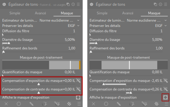 Interface de l’onglet Masque avant et après réglage automatique du masque