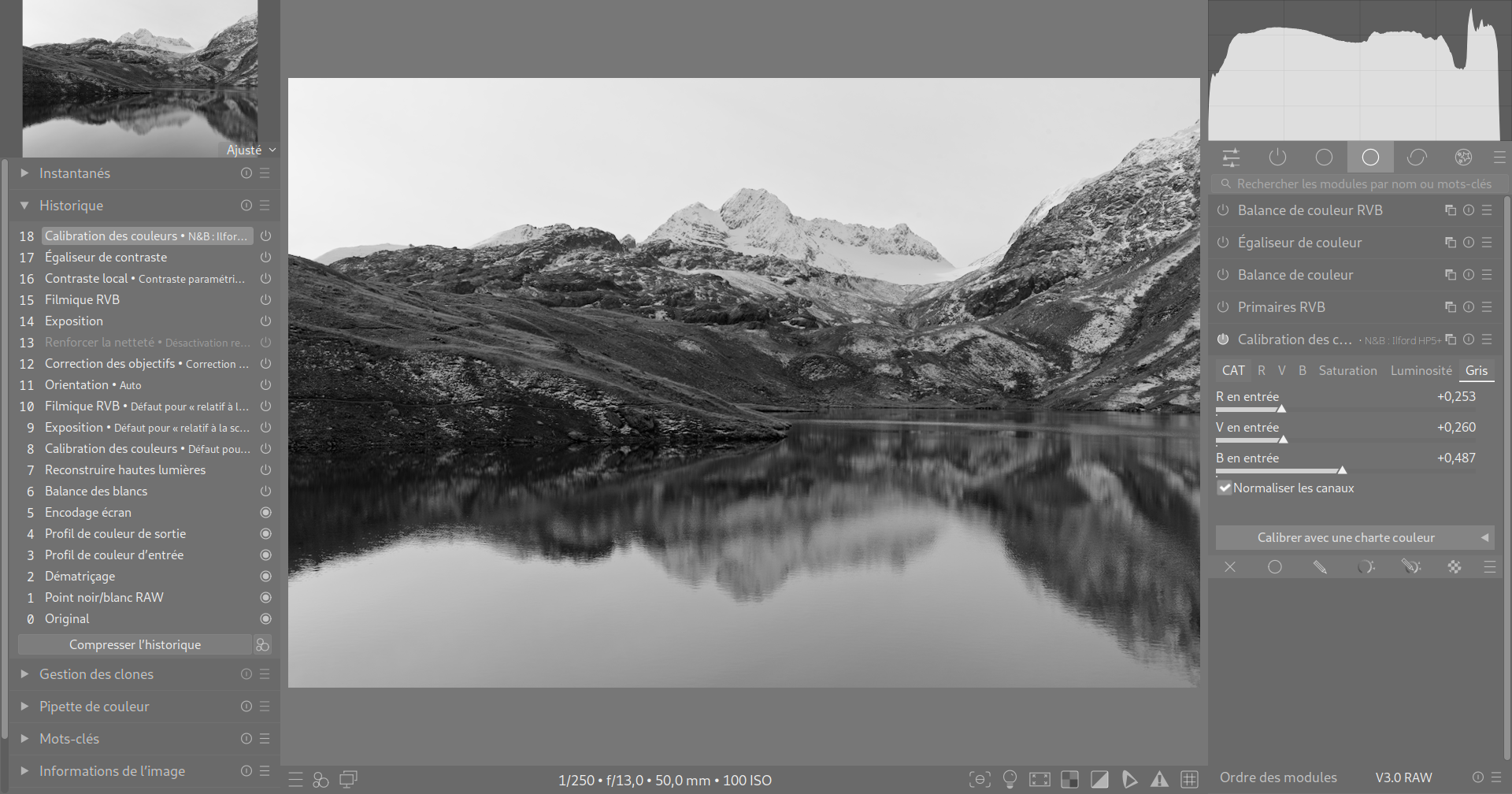 Interface de darktable montrant les panneaux de gauche (historique), de droite (calibration des couleurs) et la photo au centre qui est en noir et blanc