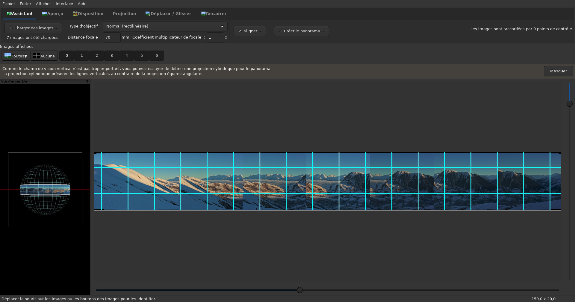Première étape de l’assistant de fusion de Hugin avec les photos importées