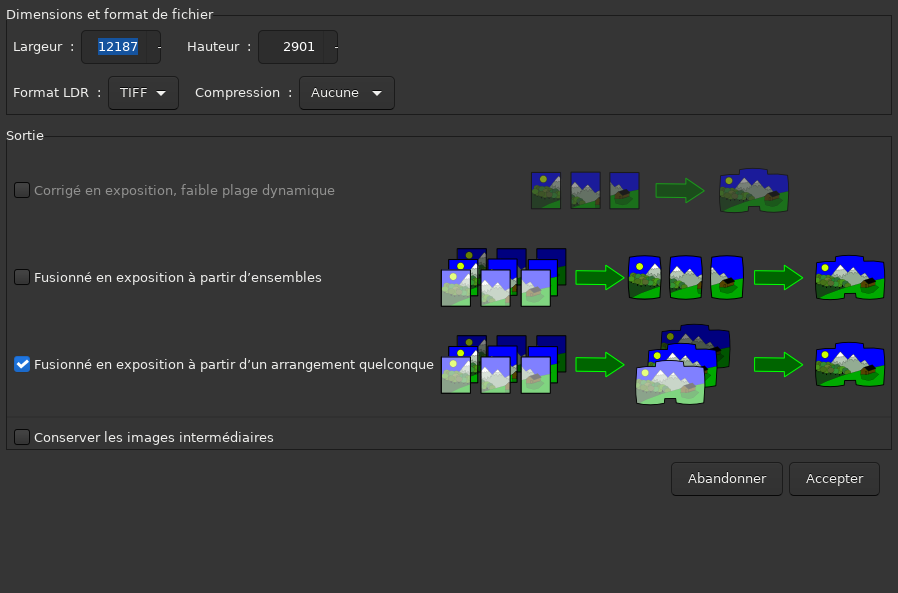 Fenêtre de création du panorama (format et mode de fusion)