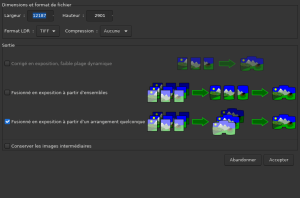 Fenêtre de création du panorama (format et mode de fusion)